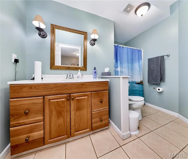 Bathroom featuring a wood-finish vanity with a white countertop and an undermount sink — 3 Floral Court, O'Fallon, MO 63368