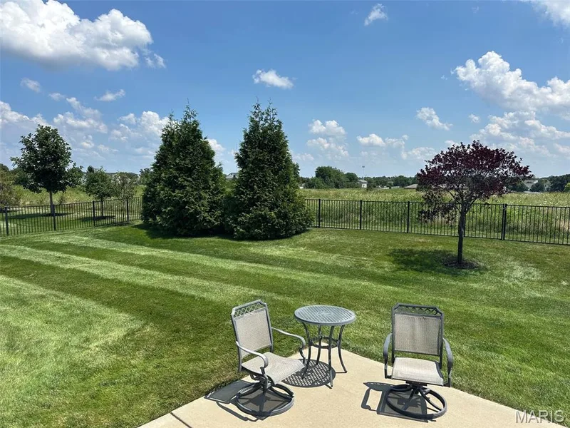 Expansive outdoor patio area featuring a concrete surface, a manicured lawn, and a black wrought-iron fence — 110 Alta Mira Court, Dardenne Prairie, MO 63368