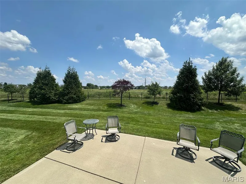 Expansive backyard featuring a concrete patio, verdant lawn, mature privacy trees, and a black metal fence — 110 Alta Mira Court, Dardenne Prairie, MO 63368