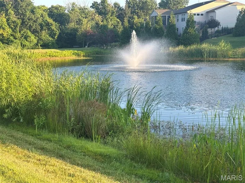 Lush green landscape featuring a tranquil pond with a central fountain — 110 Alta Mira Court, Dardenne Prairie, MO 63368