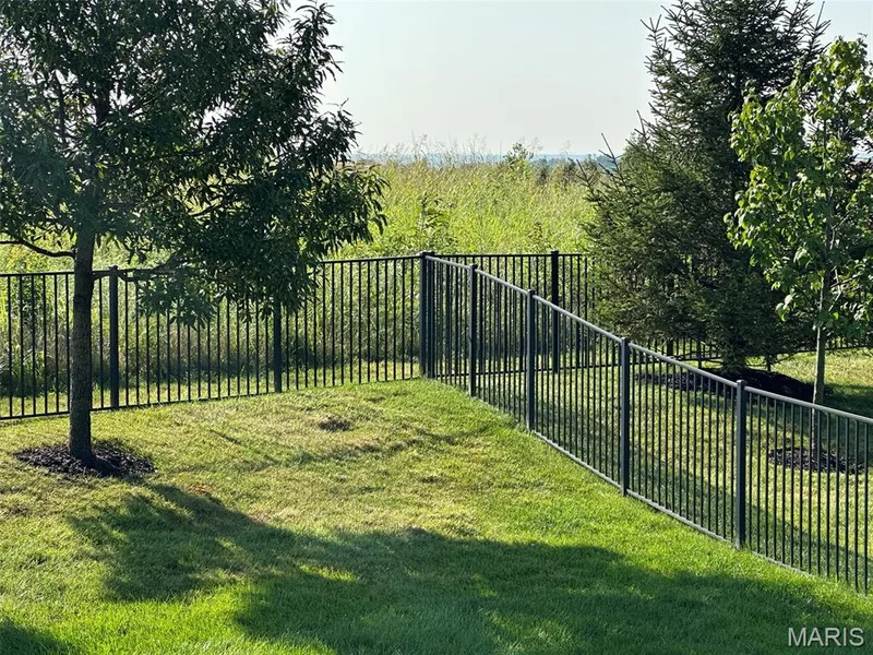 Expansive fenced yard featuring mature trees and a manicured lawn, bordered by a black metal fence — 110 Alta Mira Court, Dardenne Prairie, MO 63368