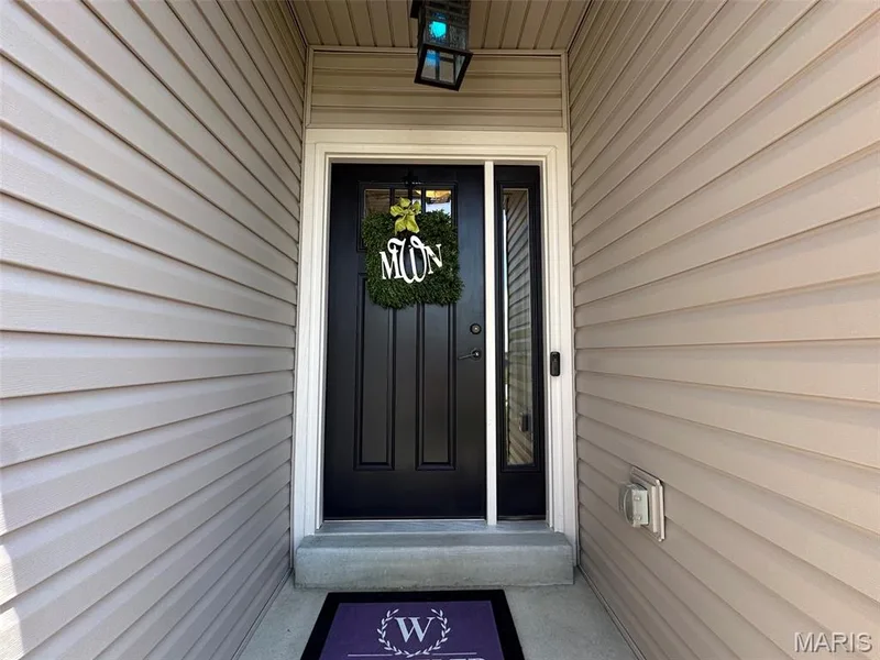 Black paneled entry door with sidelight and white trim — 110 Alta Mira Court, Dardenne Prairie, MO 63368