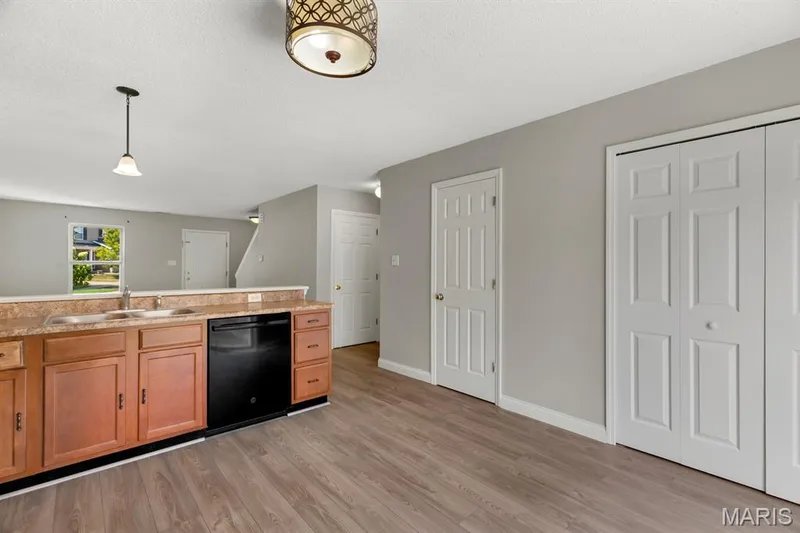 Wood-finish flooring, wood cabinetry, stone-finish countertops, stainless steel sink, and a built-in black dishwasher — 14 Bridgeton Court, Wentzville, MO 63385