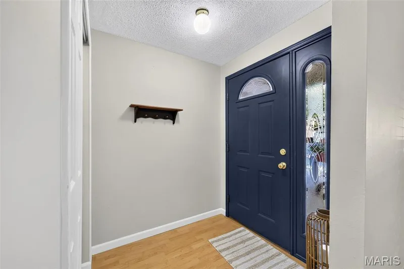 Wood-finish flooring, deep blue entry door with an arched window, and a sidelight featuring decorative glass — 1319 Brandywine Lane, St Peters, MO 63376