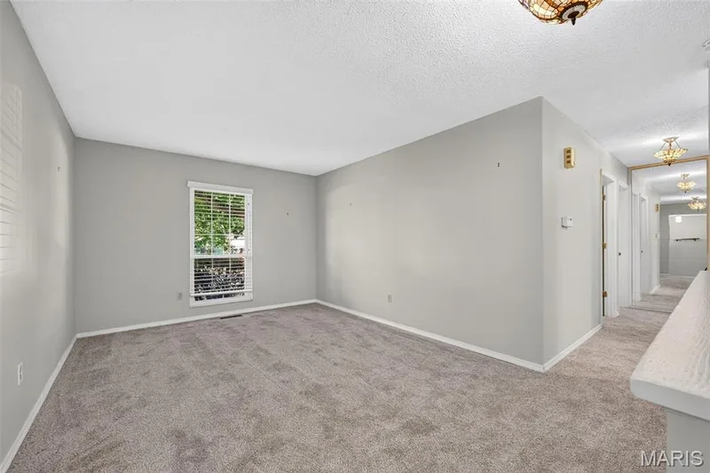 Wall-to-wall carpet flooring, light gray wall paint, and window with blinds — 1319 Brandywine Lane, St Peters, MO 63376