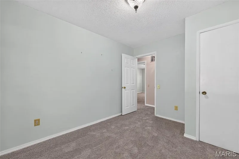 Light gray wall paint, textured ceiling, white trim, carpeted flooring, and white interior doors — 1319 Brandywine Lane, St Peters, MO 63376