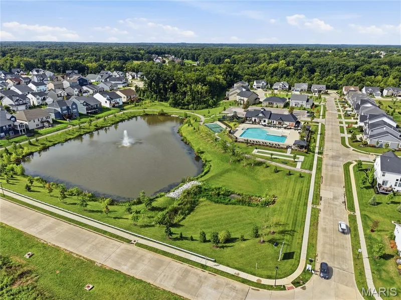 Aerial View of Neighborhood Lake and Pool — 106 Downview Drive, O'Fallon, MO 63368
