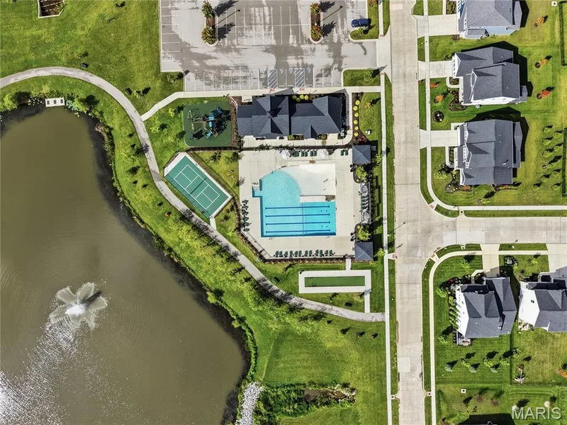 Aerial View of Neighborhood Lake, Clubhouse, Sports Courts and Pool — 106 Downview Drive, O'Fallon, MO 63368