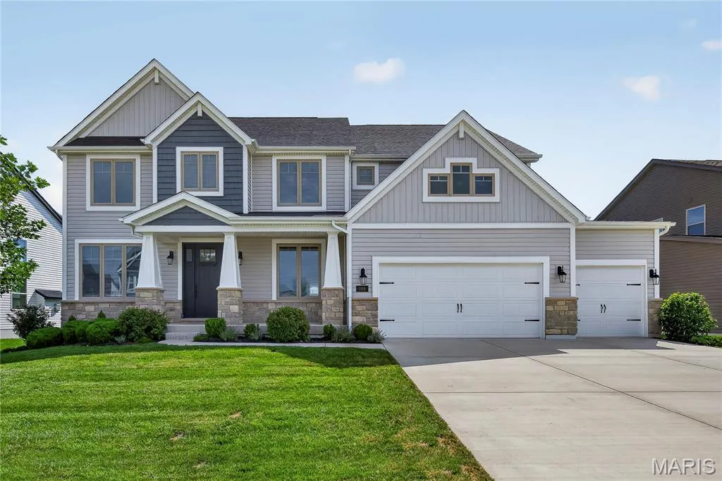 Elegant Front Elevation with Stone, Vertical and Shake Accent Siding, Large — 106 Downview Drive, O'Fallon, MO 63368
