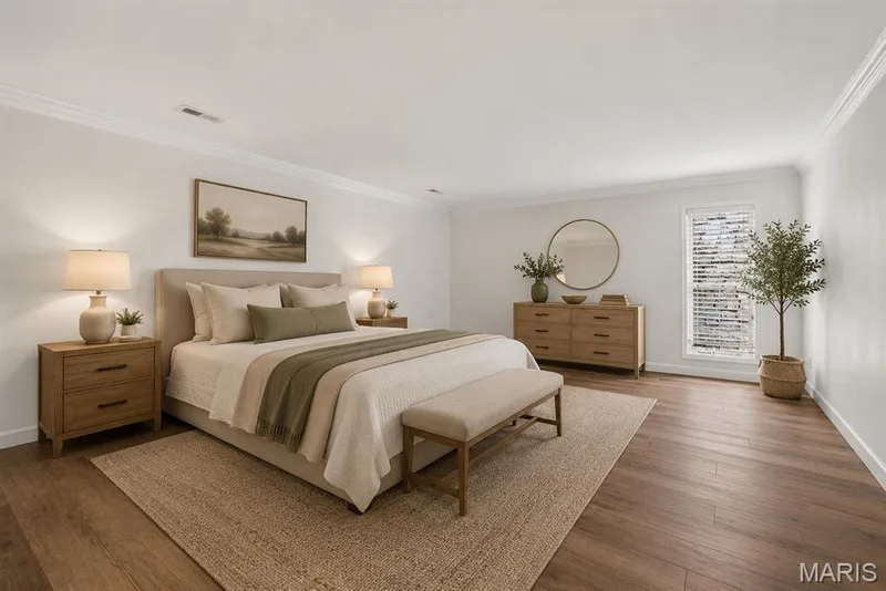 Crown molding, wood-finish flooring, broad window with blinds, and recessed lighting. Digitally enhanced and virtually staged. — 1608 Lake Knoll Drive #1A, Lake St. Louis, MO 63367