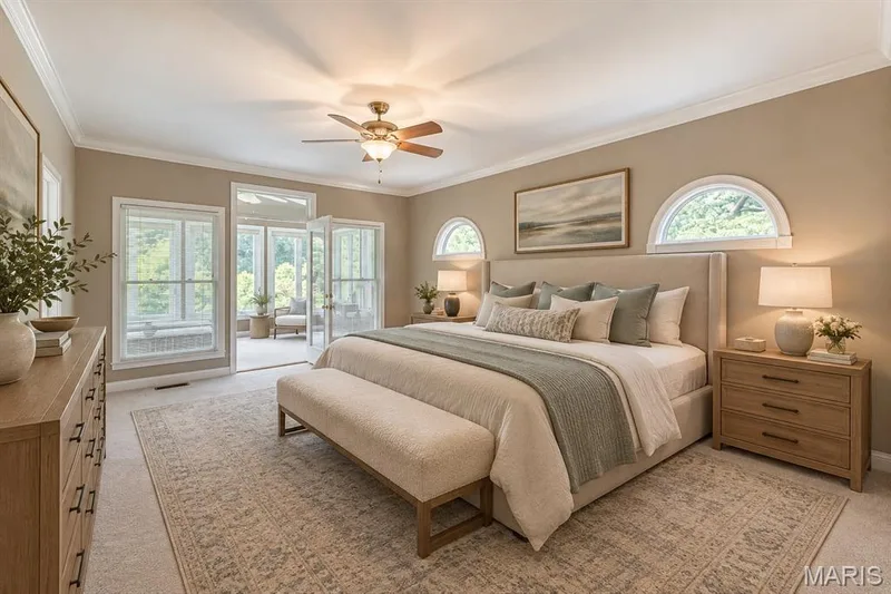 Primary Bedroom with dual walk in closets, private sunporch and ensuite bath — 4484 Kingfisher Court, Augusta, MO 63332