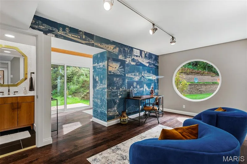 Tom Hall’s office—complete with his architectural drawings on the walls and a private entrance — 35 Arrowhead Estates Court, Chesterfield, MO 63017