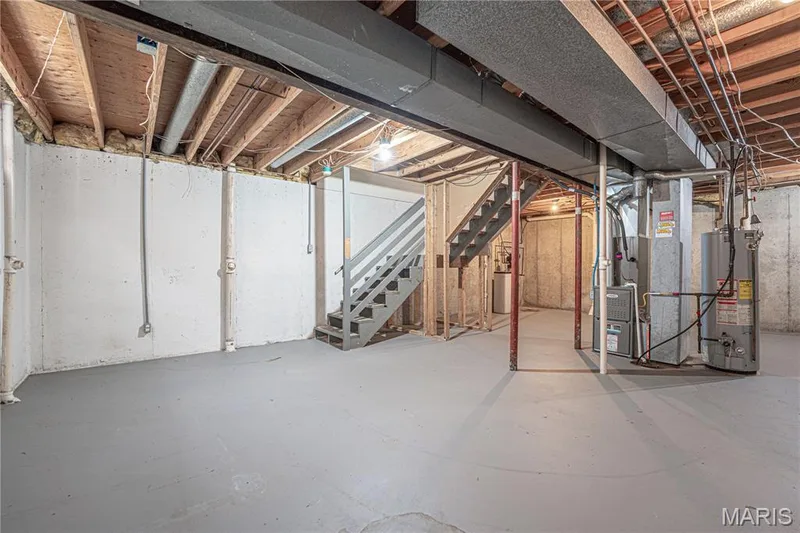 Unfinished basement with concrete walls, exposed ceiling joists, and painted concrete flooring — 1721 Summergate Court, St Charles, MO 63303
