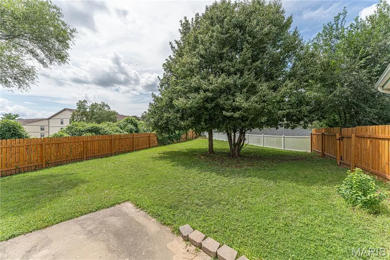 Expansive backyard featuring a mature tree, wood privacy fencing, and a concrete patio — 1721 Summergate Court, St Charles, MO 63303