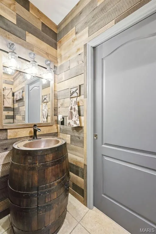 Main floor powder room with rustic barrel sink — 1 Priority Drive N, Wentzville, MO 63385