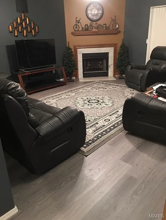 Corner fireplace in the living room. — 1040 Sugar Creek Court #4, St Peters, MO 63376