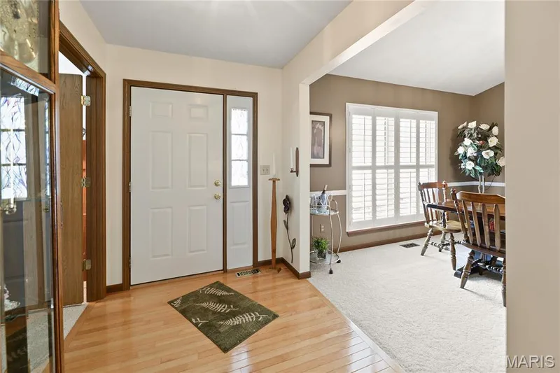 Entryway with wood-finish flooring and a white paneled door with sidelight — 38 Fawn Valley Circle, St Peters, MO 63376