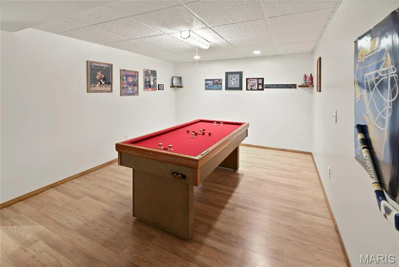 Recreational room featuring wood-finish flooring, white walls, and a suspended acoustic ceiling — 38 Fawn Valley Circle, St Peters, MO 63376