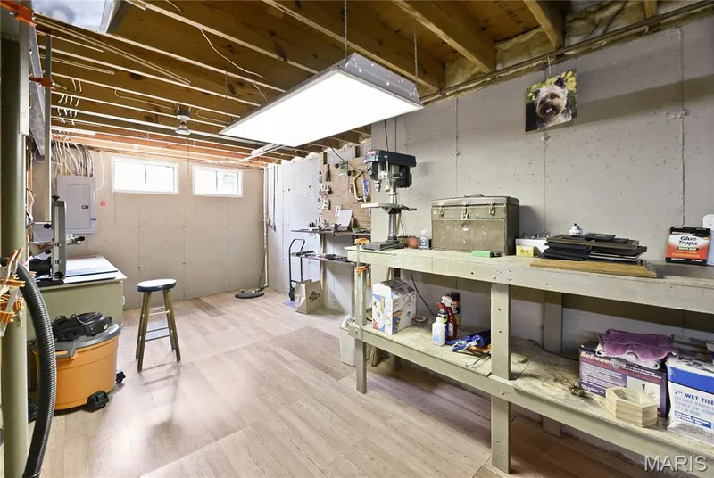 Basement utility space featuring two windows, wood-finish flooring, exposed ceiling joists, and a fluorescent light fixture — 38 Fawn Valley Circle, St Peters, MO 63376