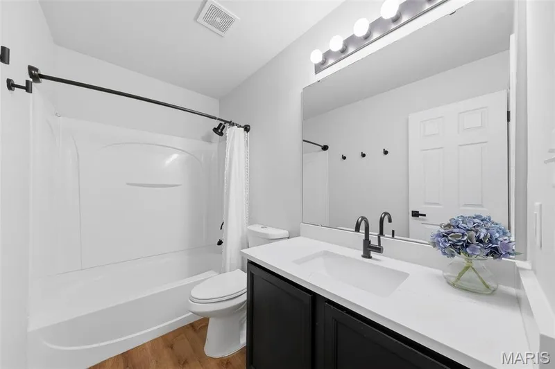 updated upper bath with quartz counter and black matte fixtures — 744 Hyde Drive, O'Fallon, MO 63366