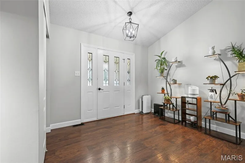 Vaulted ceiling with an industrial-style light fixture, wood-finish flooring, and a white front entry door with decorative glass inserts — 1094 Treeshade Drive, St Peters, MO 63376