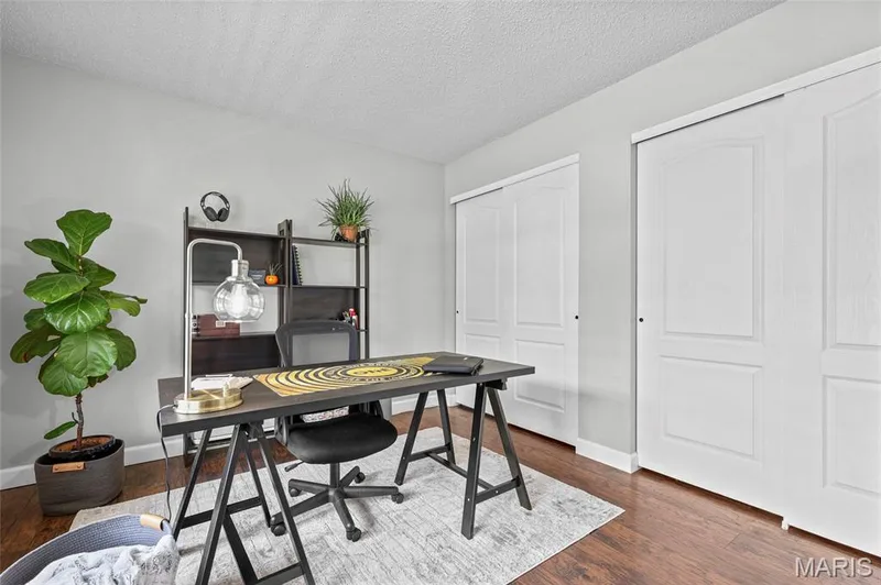 Wood-finish flooring with light gray walls, built-in shelving, and two sets of white sliding closet doors — 1094 Treeshade Drive, St Peters, MO 63376