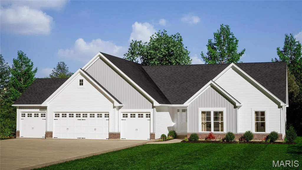 Exterior with white siding, light grey board and batten accents, a dark asphalt shingle roof, and a three-car garage — 403 River Crest Crossing, O'Fallon, MO 63366