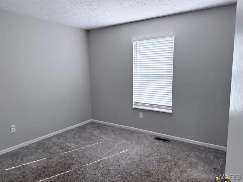 Textured ceiling, light gray painted walls, window with white blinds, dark gray carpet, and white trim — 21 White Chapel, O'Fallon, MO 63368