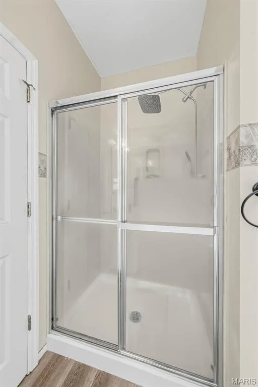 Enclosed shower with sliding glass doors, a rainfall showerhead, and a handheld shower wand — 934 Annabrook Park Drive, O'Fallon, MO 63366