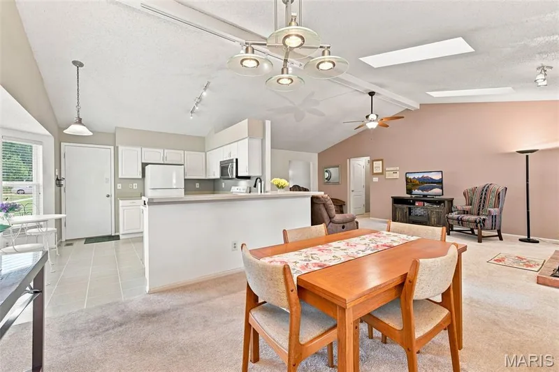 Vaulted ceiling with skylights, track lighting, and ceiling fans — 55 Treeshade Court, St Peters, MO 63376