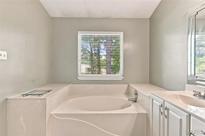 Built-in garden tub, white vanity with integrated sink, white cabinetry, and window with privacy blinds — 55 Treeshade Court, St Peters, MO 63376