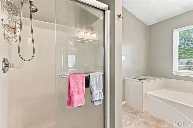 Walk-in shower with a glass enclosure, separate soaking tub, multiple light fixtures, and tiled flooring — 55 Treeshade Court, St Peters, MO 63376
