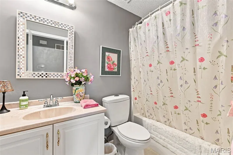White vanity with dual cabinet doors, chrome faucet, and integrated sink — 55 Treeshade Court, St Peters, MO 63376