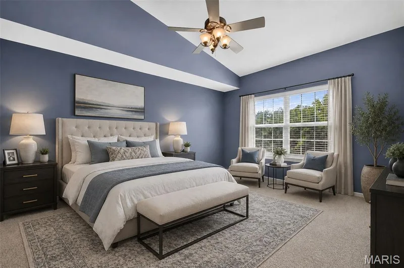 Virtually staged primary bedroom — 6 Monarch Trace Court #304, Chesterfield, MO 63017
