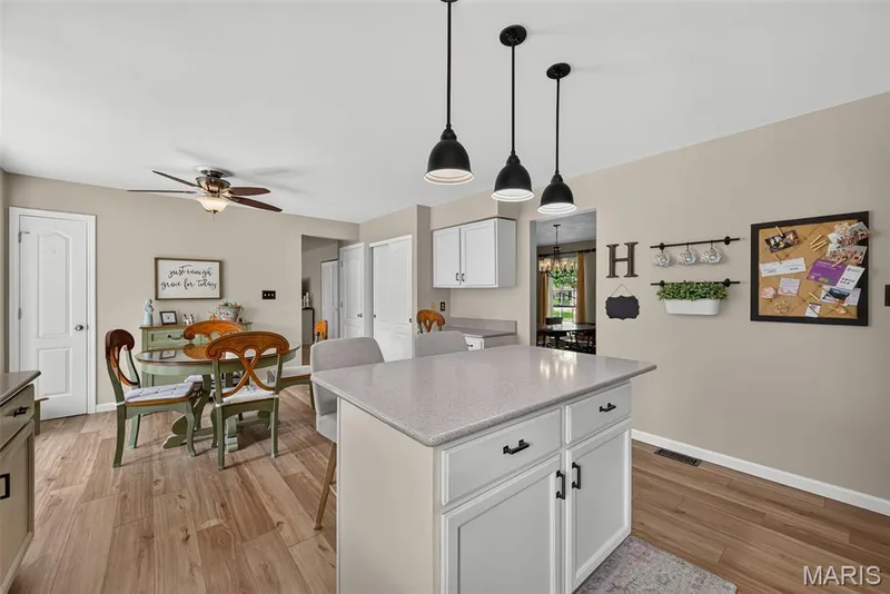 Central kitchen island with stone-finish countertop, wood-finish flooring, white cabinetry, and pendant lighting — 10 Docs Ct., St Charles, MO 63303
