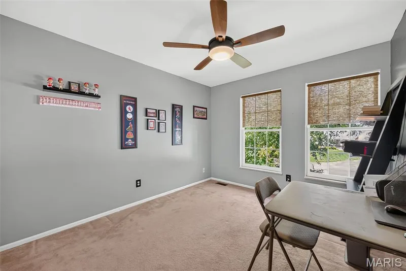 Recessed lighting and a ceiling fan fixture with wood-finish blades — 10 Docs Ct., St Charles, MO 63303