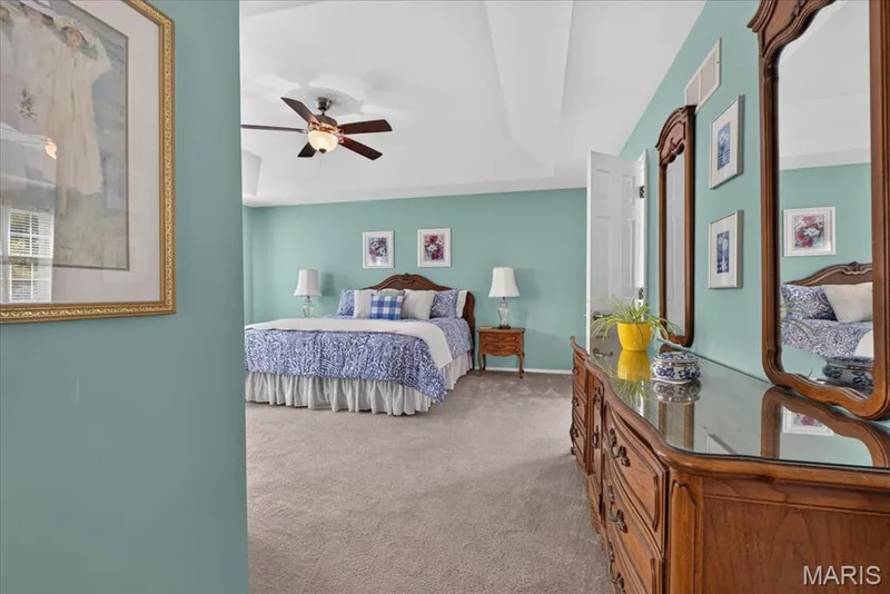 Tray ceiling with an attached ceiling fan, carpeted flooring, and a solid white door — 5856 Canterfield Court, Weldon Spring, MO 63304