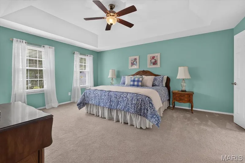 Tray ceiling with an installed ceiling fan — 5856 Canterfield Court, Weldon Spring, MO 63304