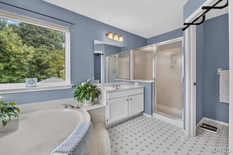 White soaking tub, white vanity with integrated sink, glass-enclosed shower, patterned floor tile, and large window — 5856 Canterfield Court, Weldon Spring, MO 63304