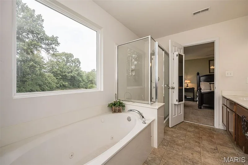 Soaking tub with integrated jets, glass-enclosed shower, expansive window — 500 Flowering Magnolia Drive, O'Fallon, MO 63366