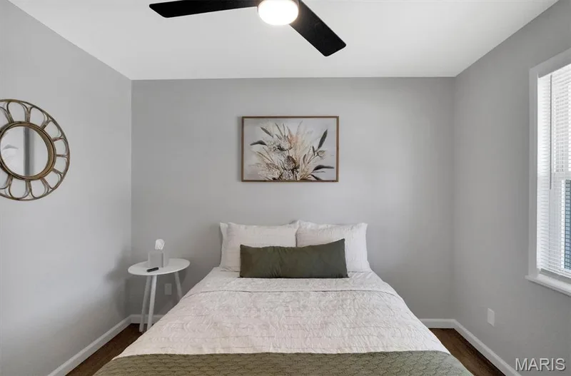 Recessed lighting, ceiling fan, window with blinds, wood-finish flooring, and light gray wall paint — 7 Saint Mark Drive, St Peters, MO 63376