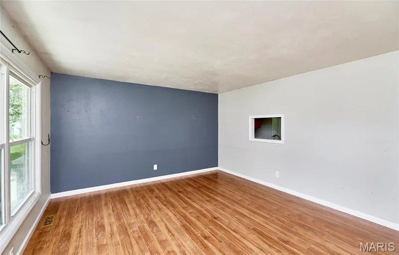 Wood-finish flooring with a multi-tone wall design, featuring a large window and a wall pass-through — 318 Capri Drive, O'Fallon, MO 63366