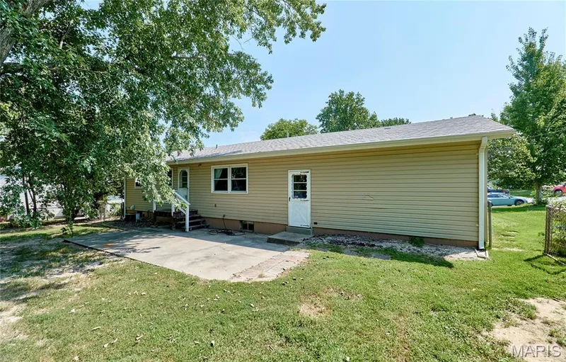 Rear exterior with tan siding, a concrete patio, and a white entry door with steps — 318 Capri Drive, O'Fallon, MO 63366