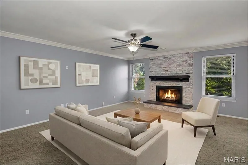 Virtually staged family room with gas fireplace — 1346 Cherry Glen Court, Chesterfield, MO 63017