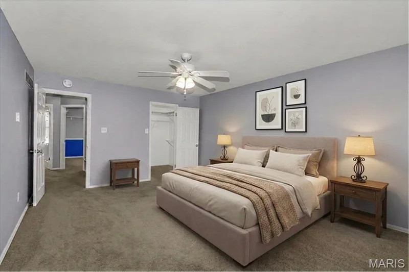 Virtually staged primary bedroom with walk in closet. — 1346 Cherry Glen Court, Chesterfield, MO 63017