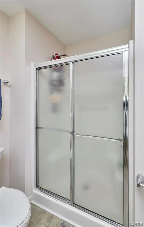 Shower enclosure with frosted glass panels and a chrome frame — 3641 Wind Chime Lane, St Charles, MO 63301