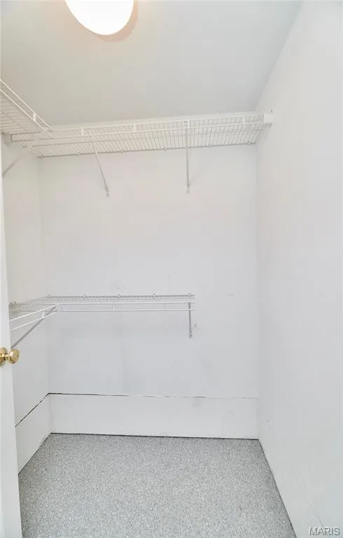 Recessed lighting, wire shelving system, wall-mounted hanging rods, and a speckled floor finish — 3641 Wind Chime Lane, St Charles, MO 63301