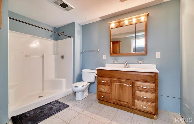 Full bathroom featuring a single vanity, integrated sink, wood-finish cabinetry, and a shower stall — 3641 Wind Chime Lane, St Charles, MO 63301