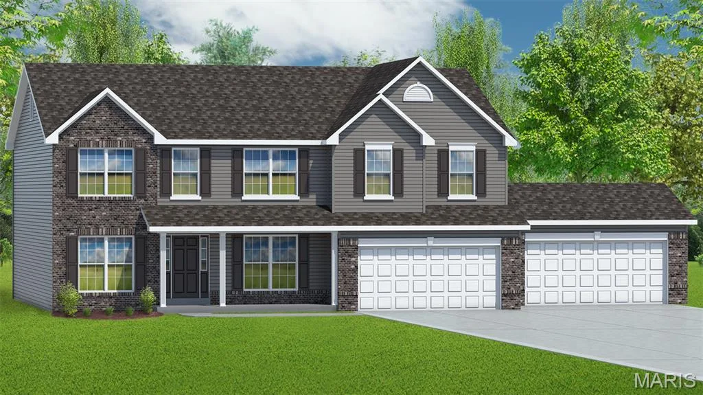 Two-story residence featuring a brick and siding facade, a covered front porch, and an attached three-car garage — 2 The Westhampton II at The Grove, O'Fallon, MO 63366
