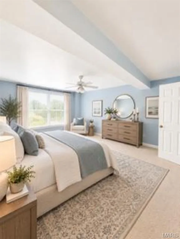 Tray ceiling, ceiling fan, large window, carpet flooring, paneled door, virtually staged — 1605 Ridge Bend Drive, Glencoe, MO 63038